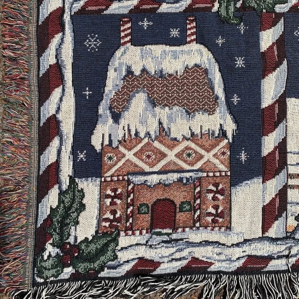 Vintage Christmas Gingerbread Village Peppermint Woven Throw Blanket Tapestry